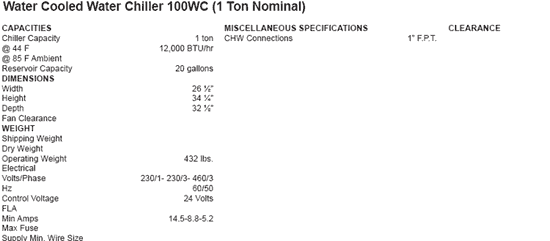 Water Cooled Water Chiller 100WC (1 Ton Nominal)